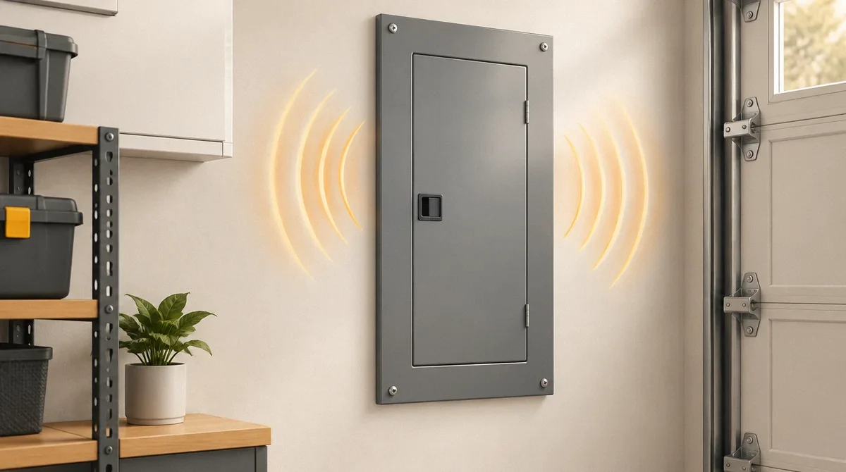 Conceptual illustration of sound waves around a closed electrical panel.
