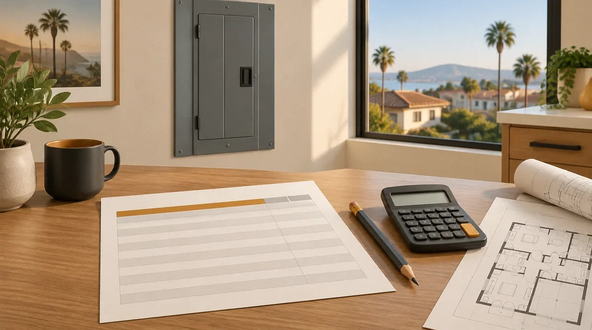 Conceptual illustration of an electrical estimate, calculator, and closed panel.