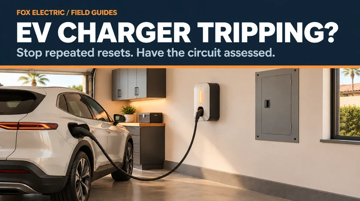 Conceptual illustration of an EV charger beside a closed electrical panel in a garage. EV CHARGER TRIPPING?. Stop repeated resets. Have the circuit assessed.