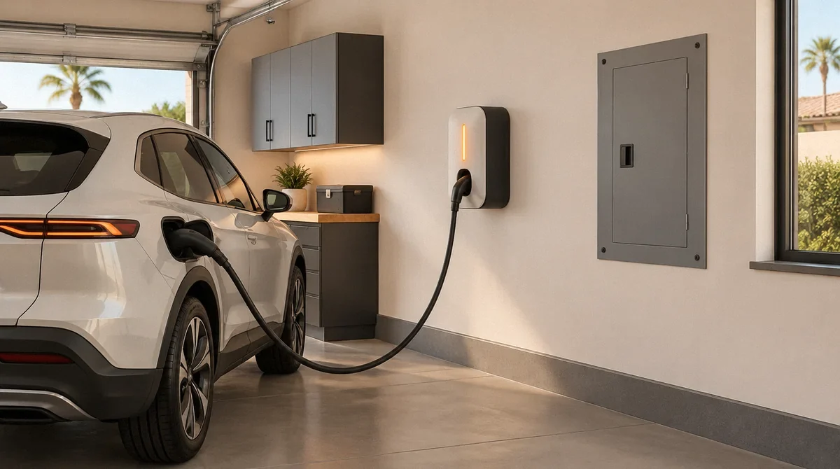 Conceptual illustration of an EV charger beside a closed electrical panel in a garage.