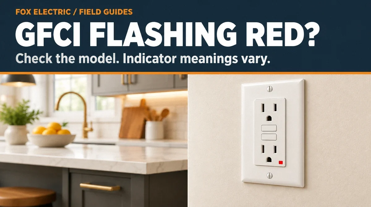 Conceptual illustration of a GFCI receptacle with a red status indicator. GFCI FLASHING RED?. Check the model. Indicator meanings vary.