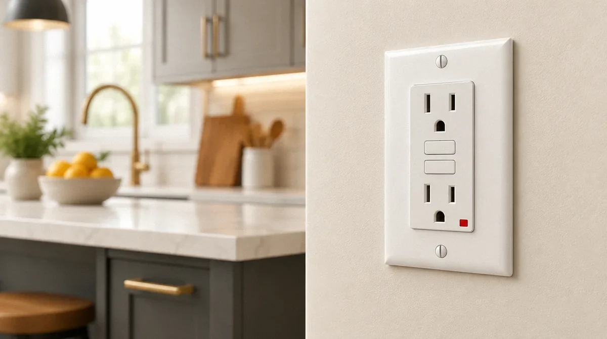 Conceptual illustration of a GFCI receptacle with a red status indicator.