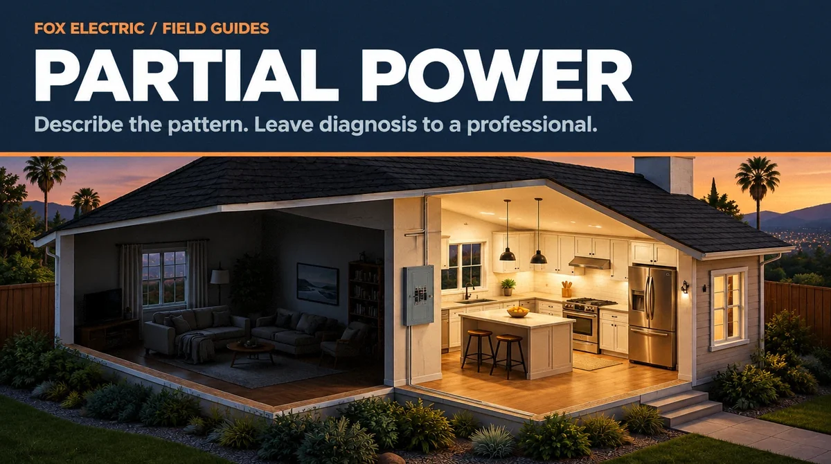 Conceptual illustration of a home with a dark living room and an illuminated kitchen. PARTIAL POWER. Describe the pattern. Leave diagnosis to a professional.