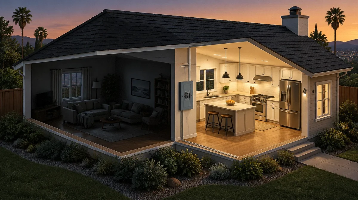 Conceptual illustration of a home with a dark living room and an illuminated kitchen.