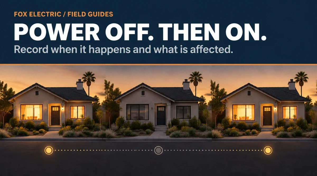 Conceptual sequence showing a home with lights on, off, and on again. POWER OFF. THEN ON.. Record when it happens and what is affected.