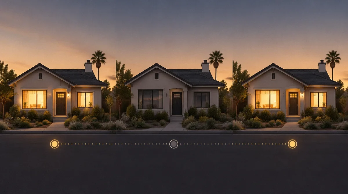 Conceptual sequence showing a home with lights on, off, and on again.