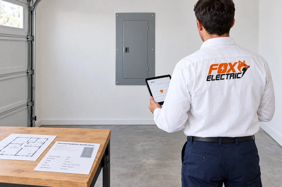 Illustration of a Fox Electric technician reviewing the appointment and equipment details with clear access to the panel