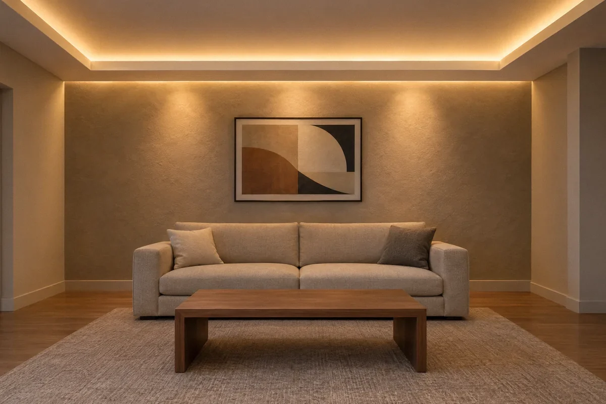 Illustration of concealed ceiling cove lighting and soft accent light in a living room