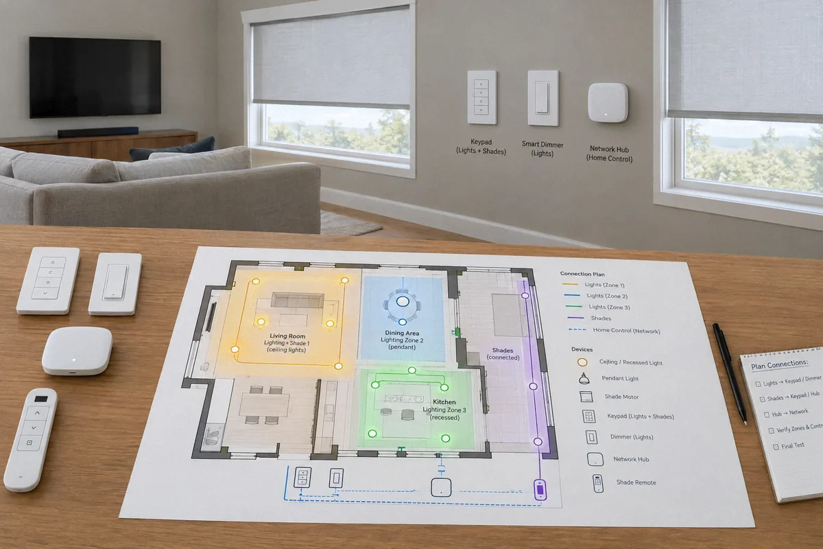 Illustration of a home plan with lighting controls, a thermostat, cameras, and network equipment