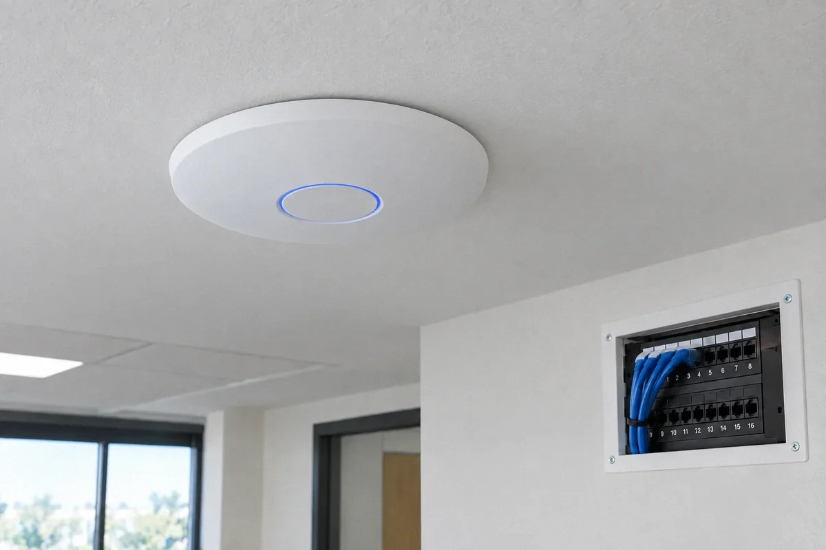Illustration of a Wi-Fi access point mounted flush against the ceiling, with concealed cabling and a wall patch panel