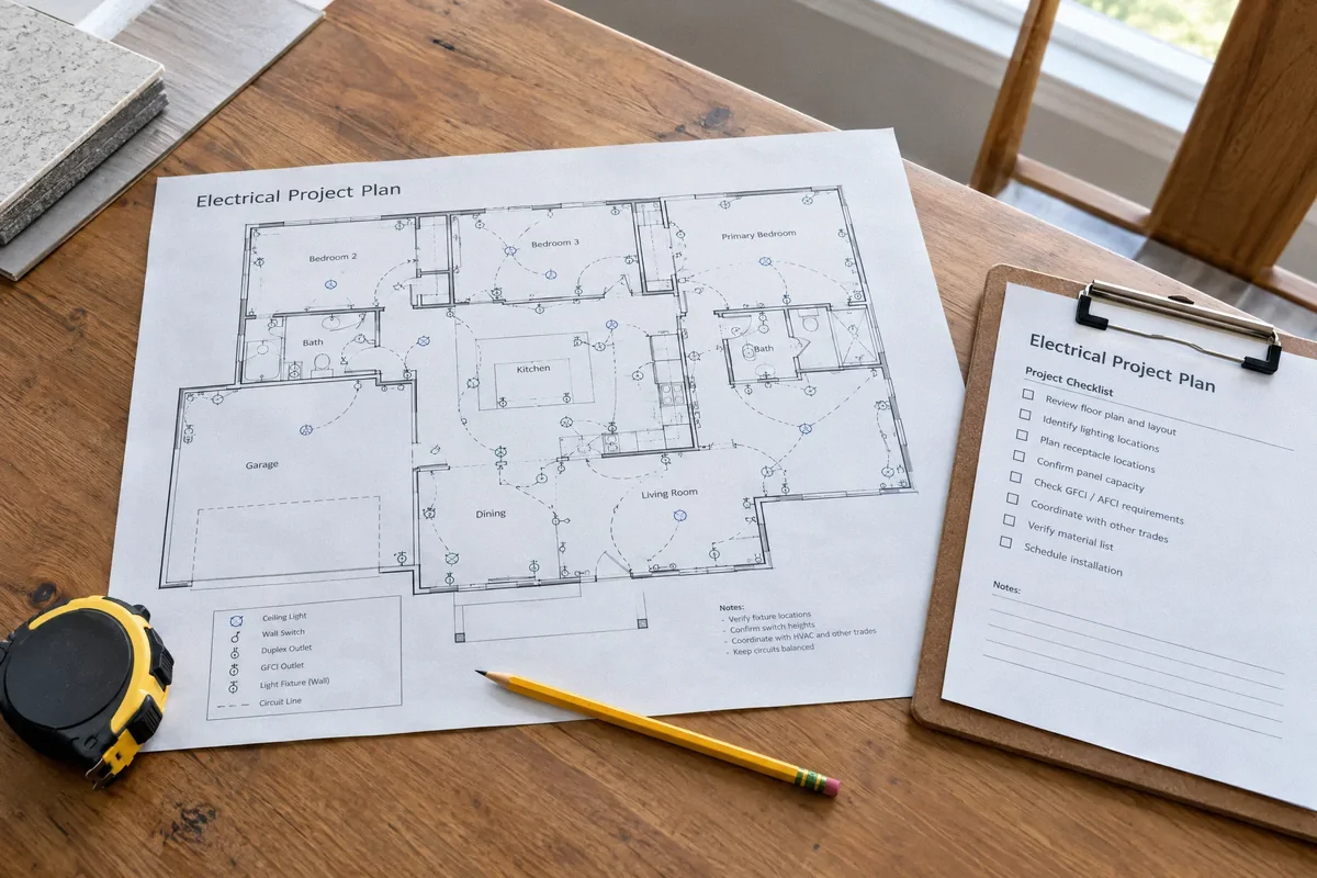 Illustration of electrical project drawings and a checklist prepared for permit planning.
