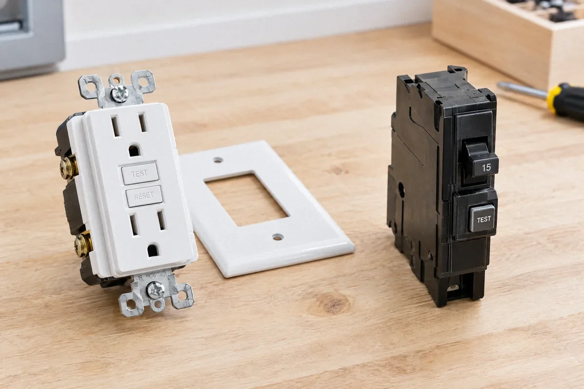 Illustration of a GFCI receptacle and an AFCI circuit breaker on a workbench.
