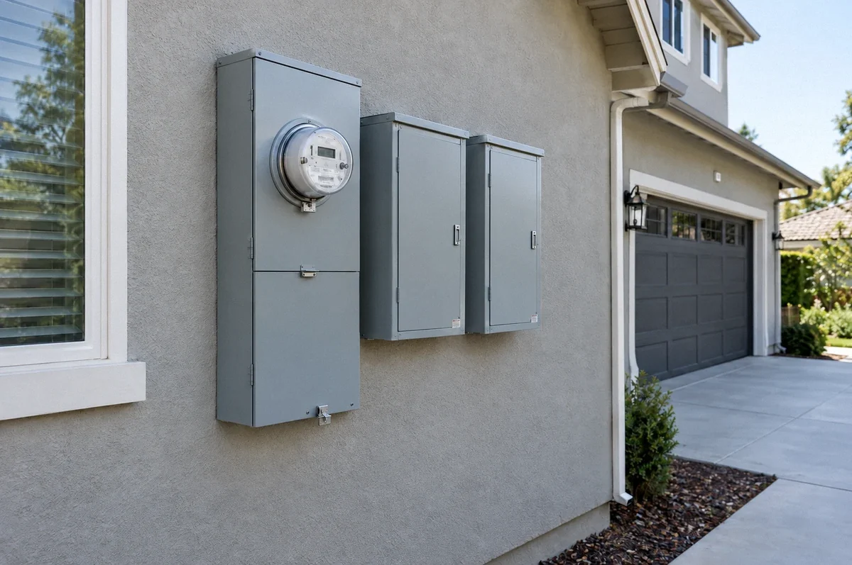 Illustration of residential meter equipment feeding separate electrical enclosures.