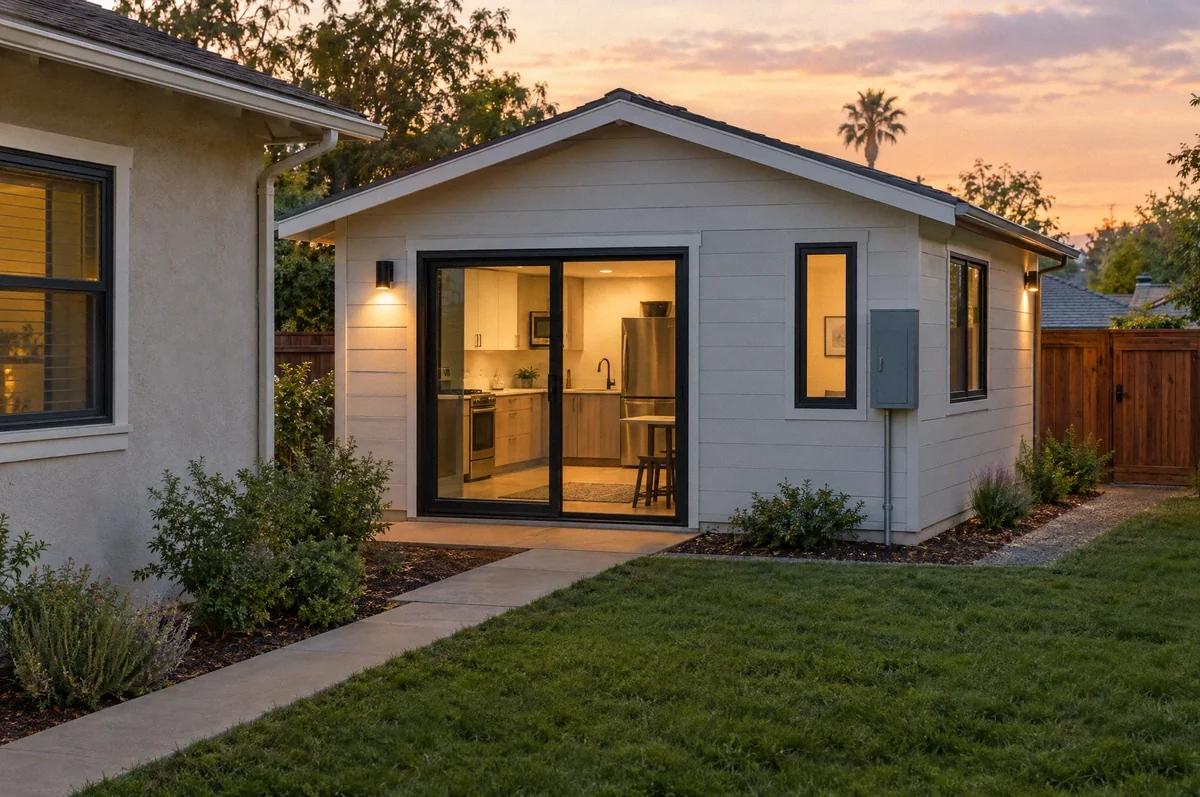 Illustration of a backyard accessory dwelling unit with exterior electrical equipment.