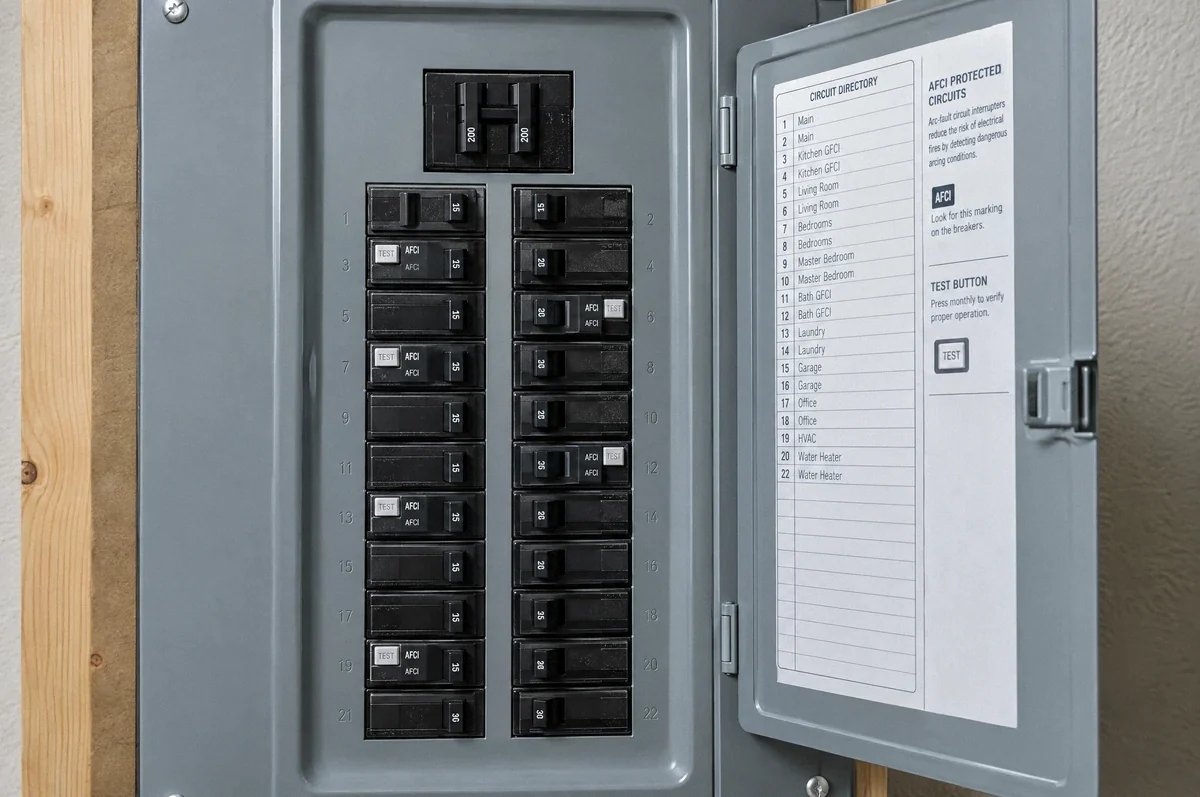 Illustration of an electrical panel with labeled circuit information and protective circuit breakers.