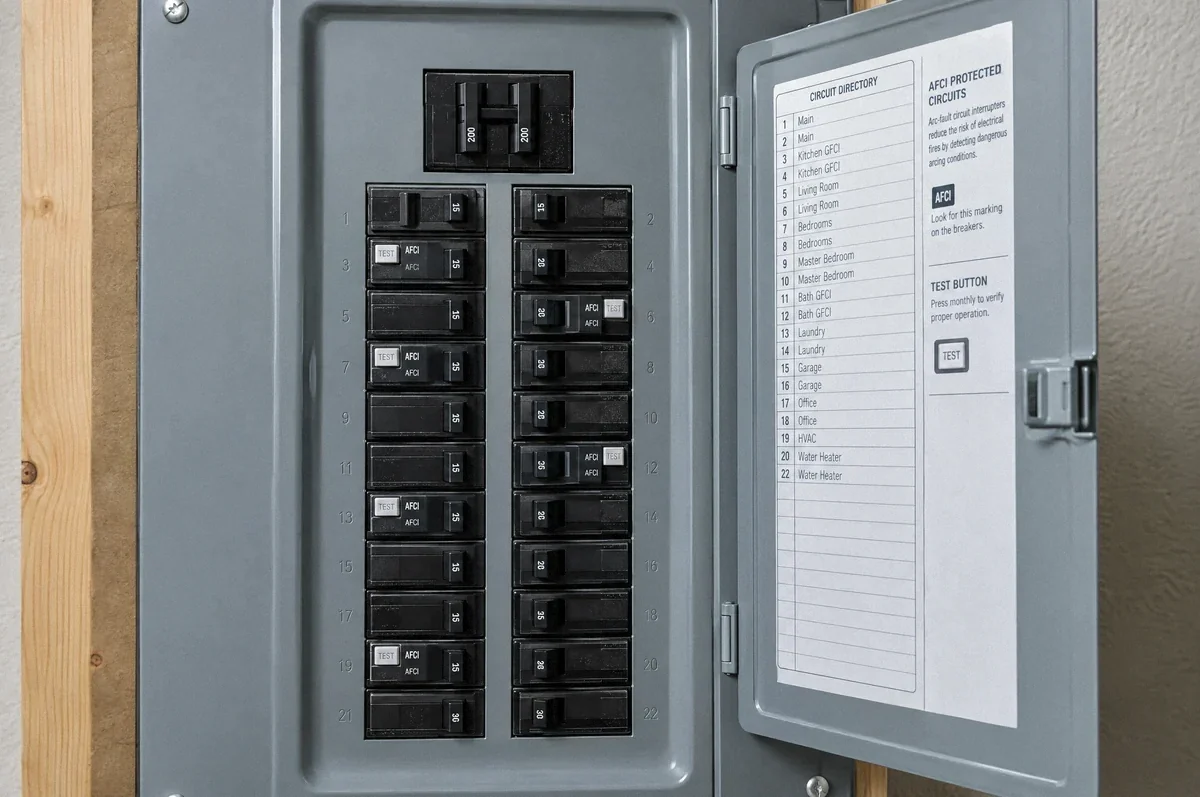 Illustration of an electrical panel with labeled circuit information and protective circuit breakers.