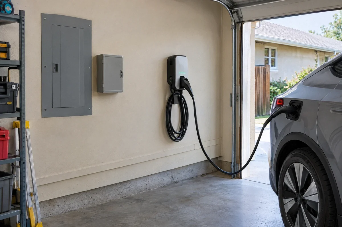 Illustration of a residential electrical panel and an EV charger illustrating capacity planning.