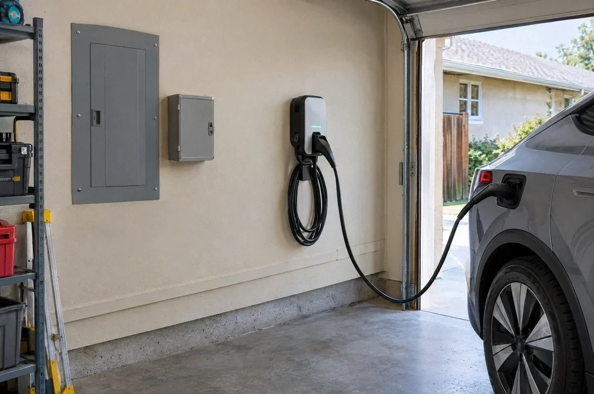 Illustration of a residential electrical panel and an EV charger illustrating capacity planning.