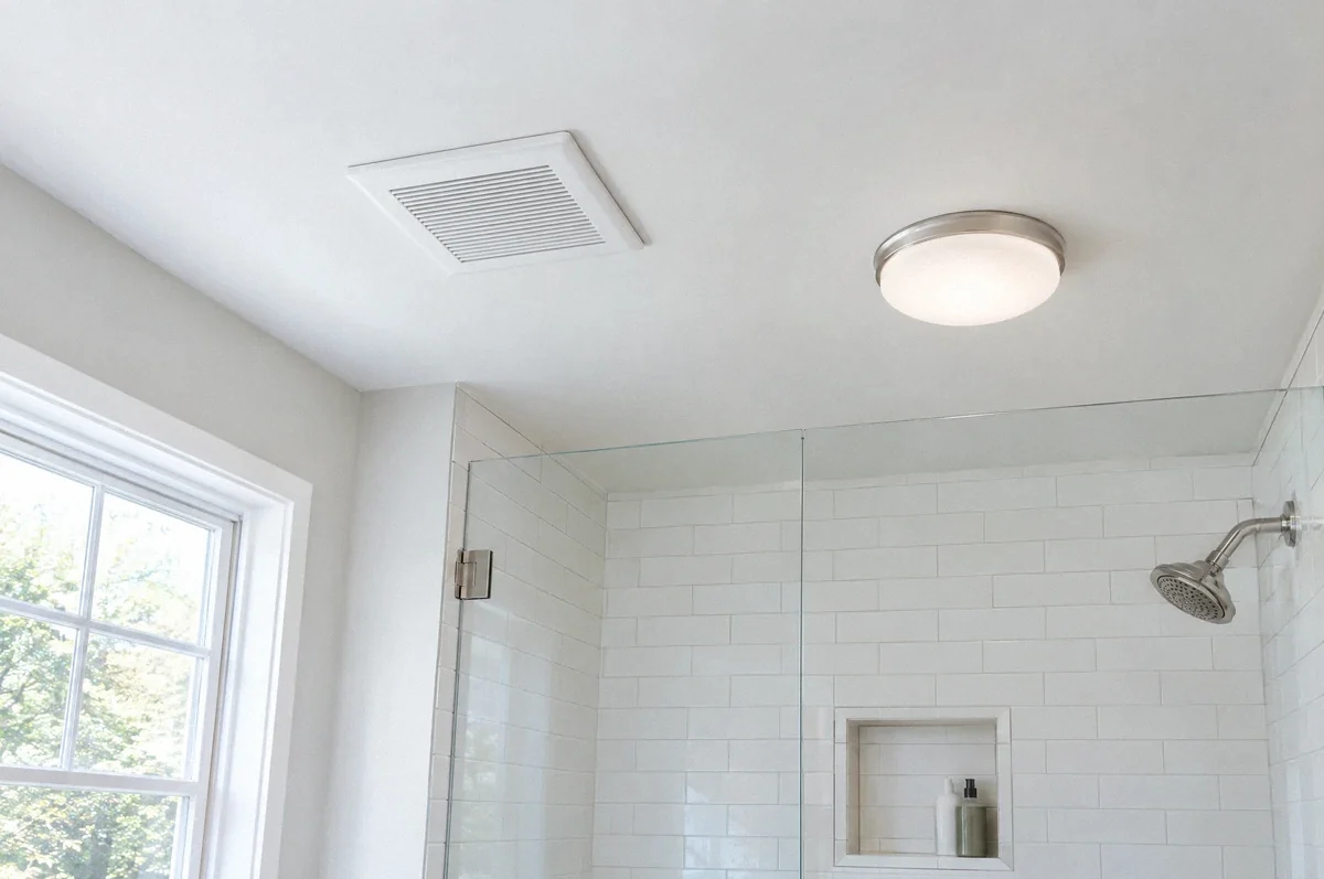 Illustration of a bathroom ceiling exhaust grille beside a separate ceiling light.