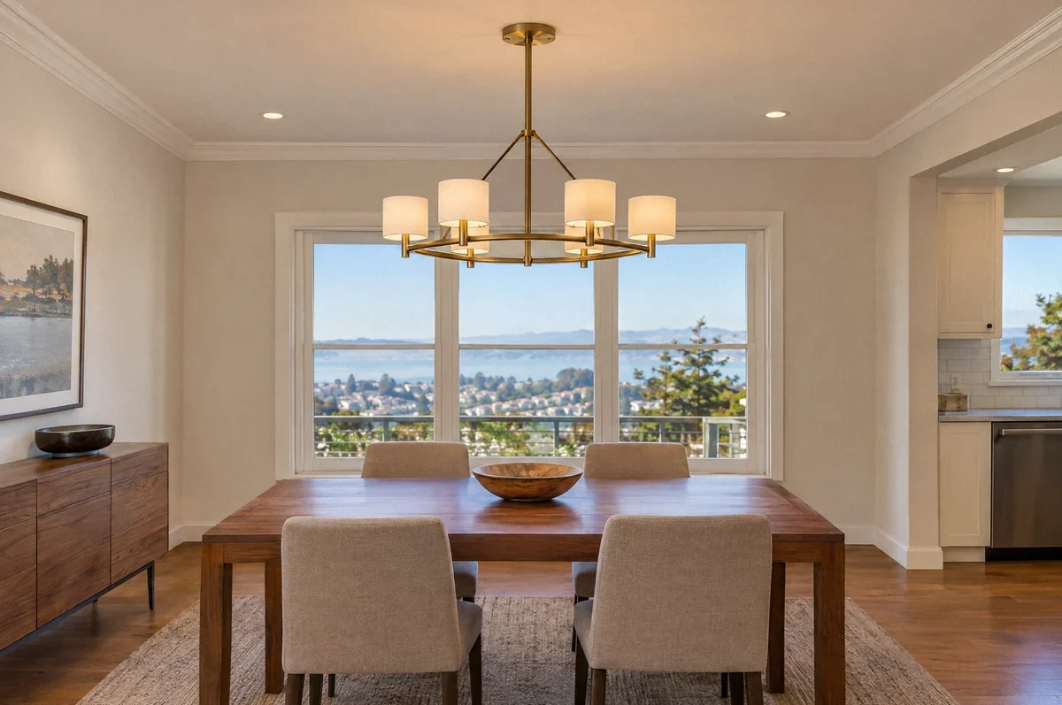 Illustration of a suspended chandelier centered above a dining table.