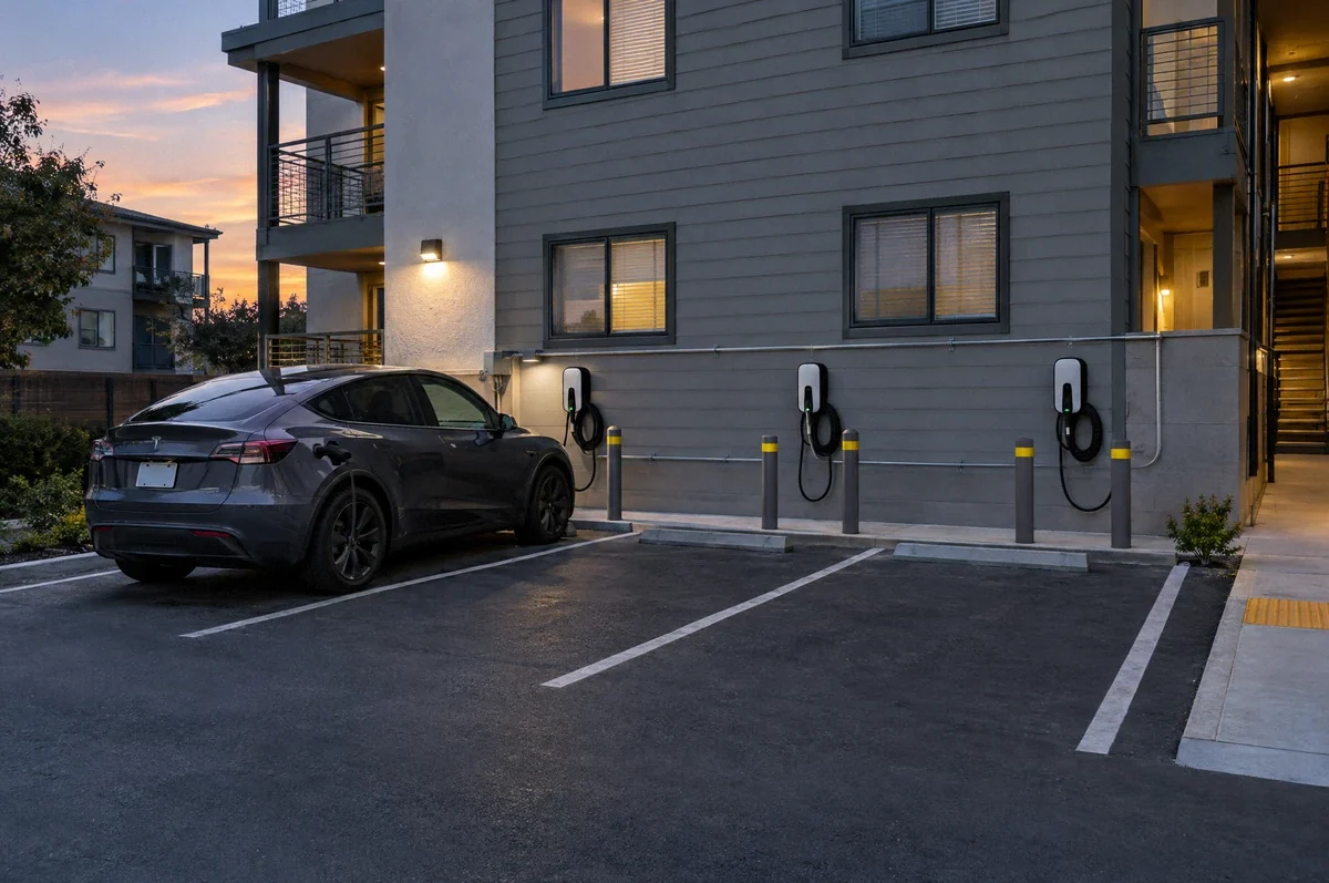 Illustration of EV charging spaces in a shared residential parking garage.