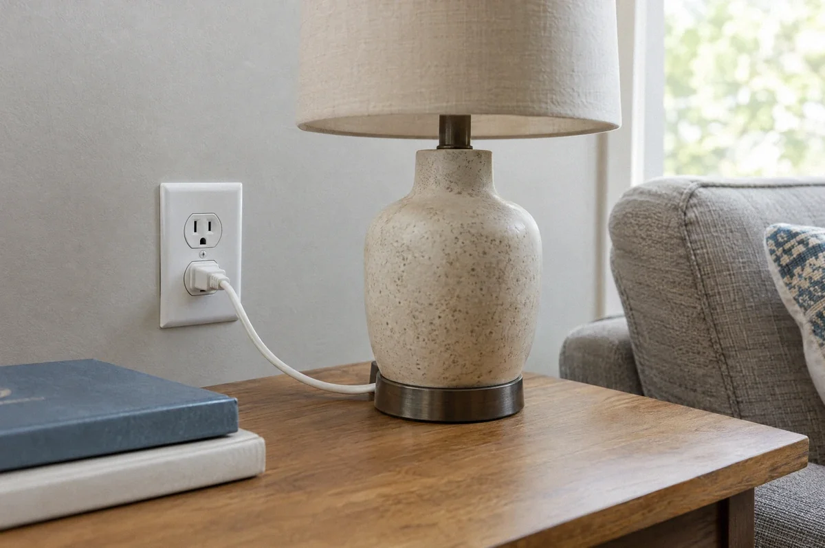 Illustration of an unlit table lamp plugged into a wall receptacle.