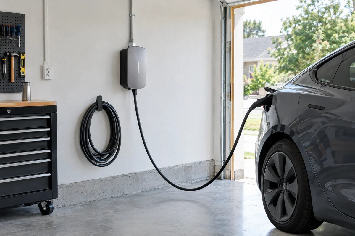 Illustration of a wall-mounted electric vehicle charger in a residential garage.