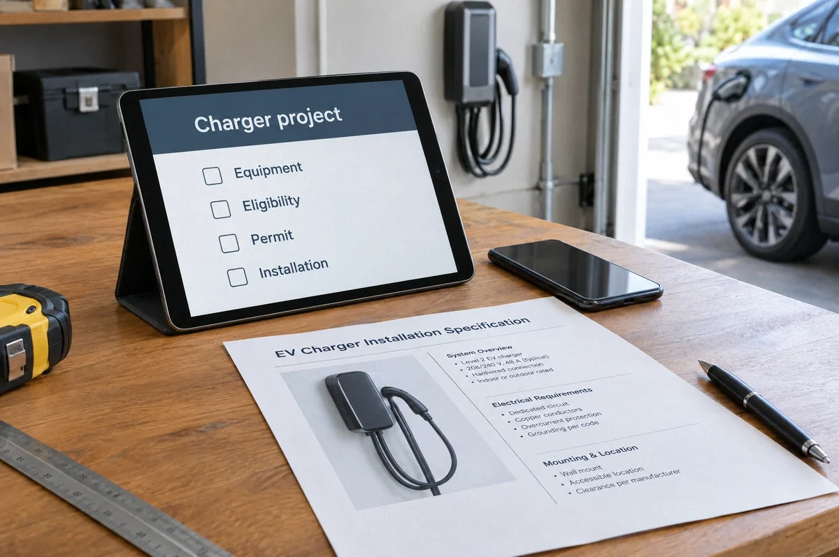 Illustration of a tablet, charging documents, and a home EV charger illustrating incentive and permit research.