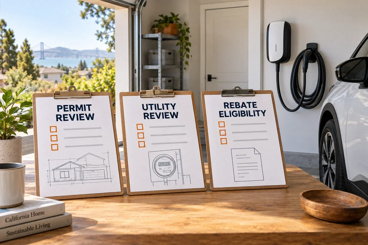 Illustration of separate permit, utility, and rebate eligibility checklists beside a home EV charger and electric car.
