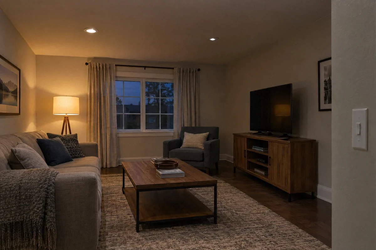 Illustration of a residential room with uneven ceiling lighting illustrating a lighting complaint.