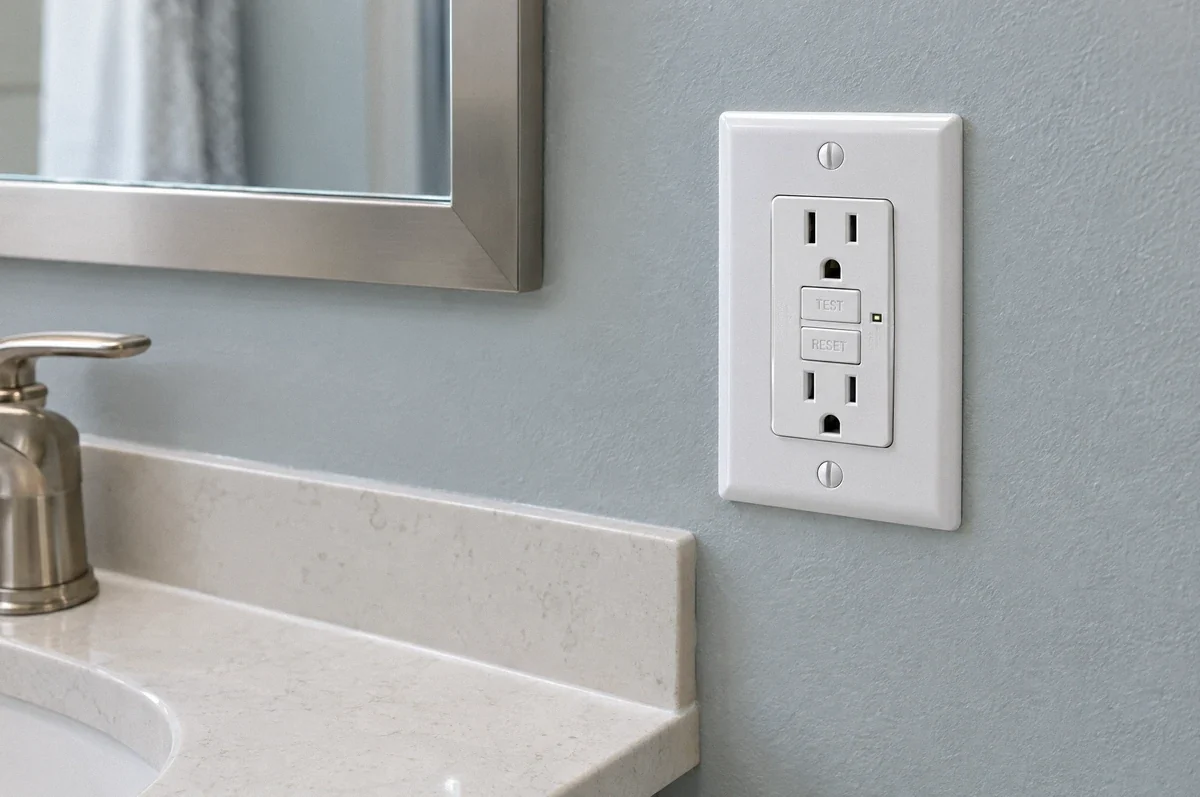 Illustration of a GFCI receptacle with TEST and RESET buttons beside a bathroom sink.