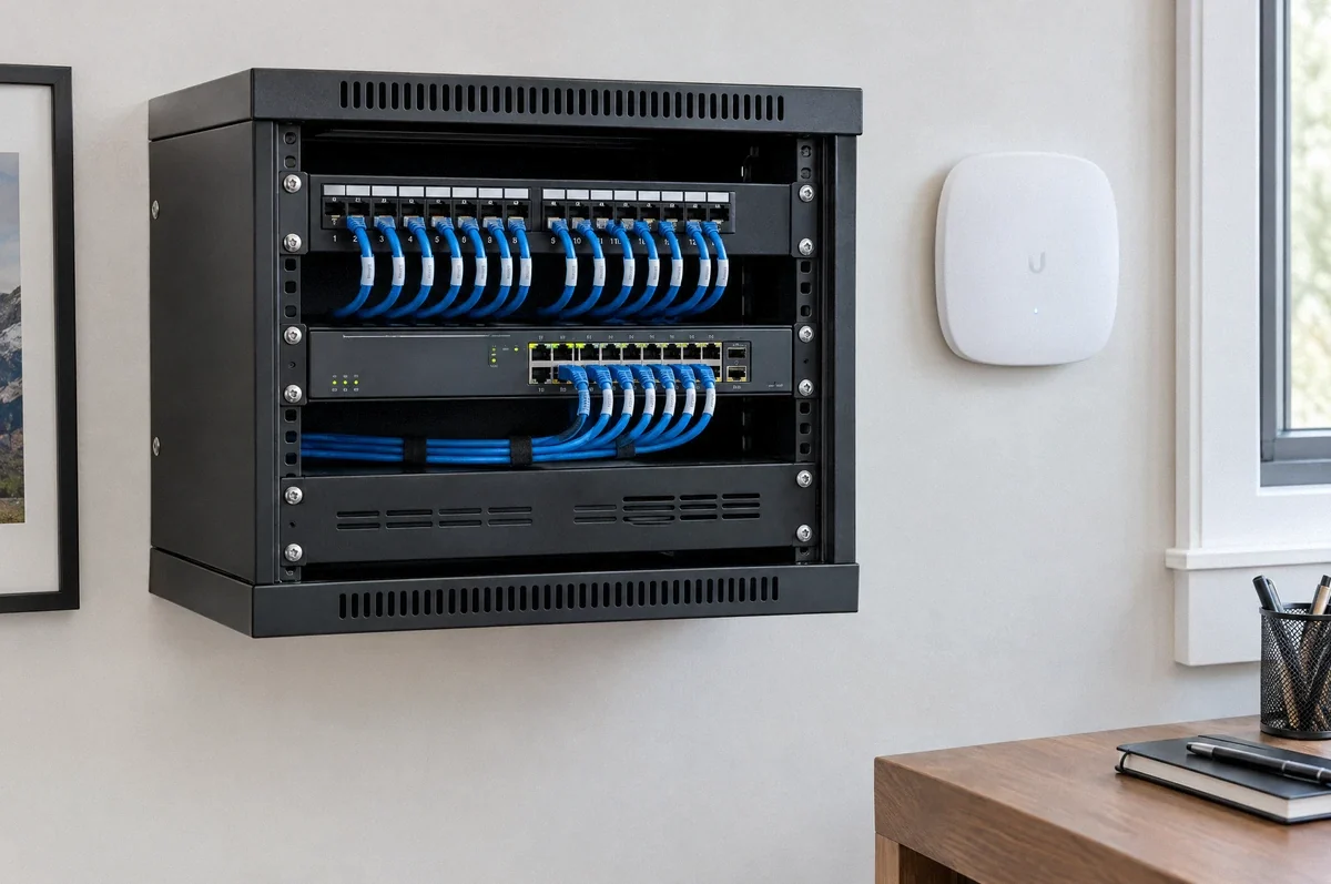 Illustration of a structured-media cabinet with organized network equipment and data cabling.