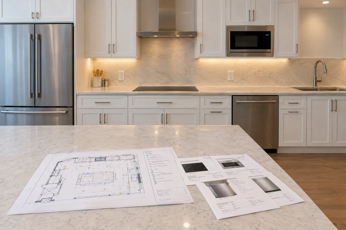 Illustration of a finished kitchen with an induction cooktop, task lighting, and electrical plans on the island.