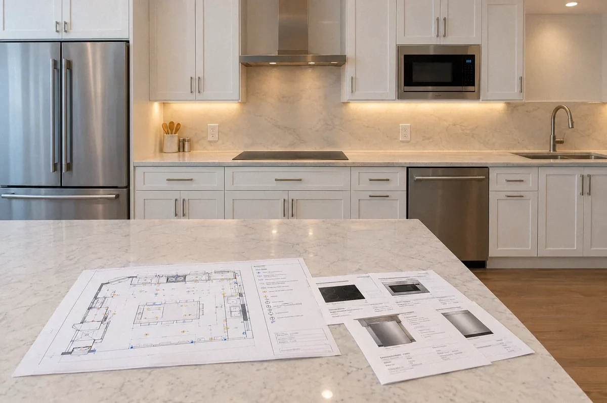 Illustration of a finished kitchen with an induction cooktop, task lighting, and electrical plans on the island.