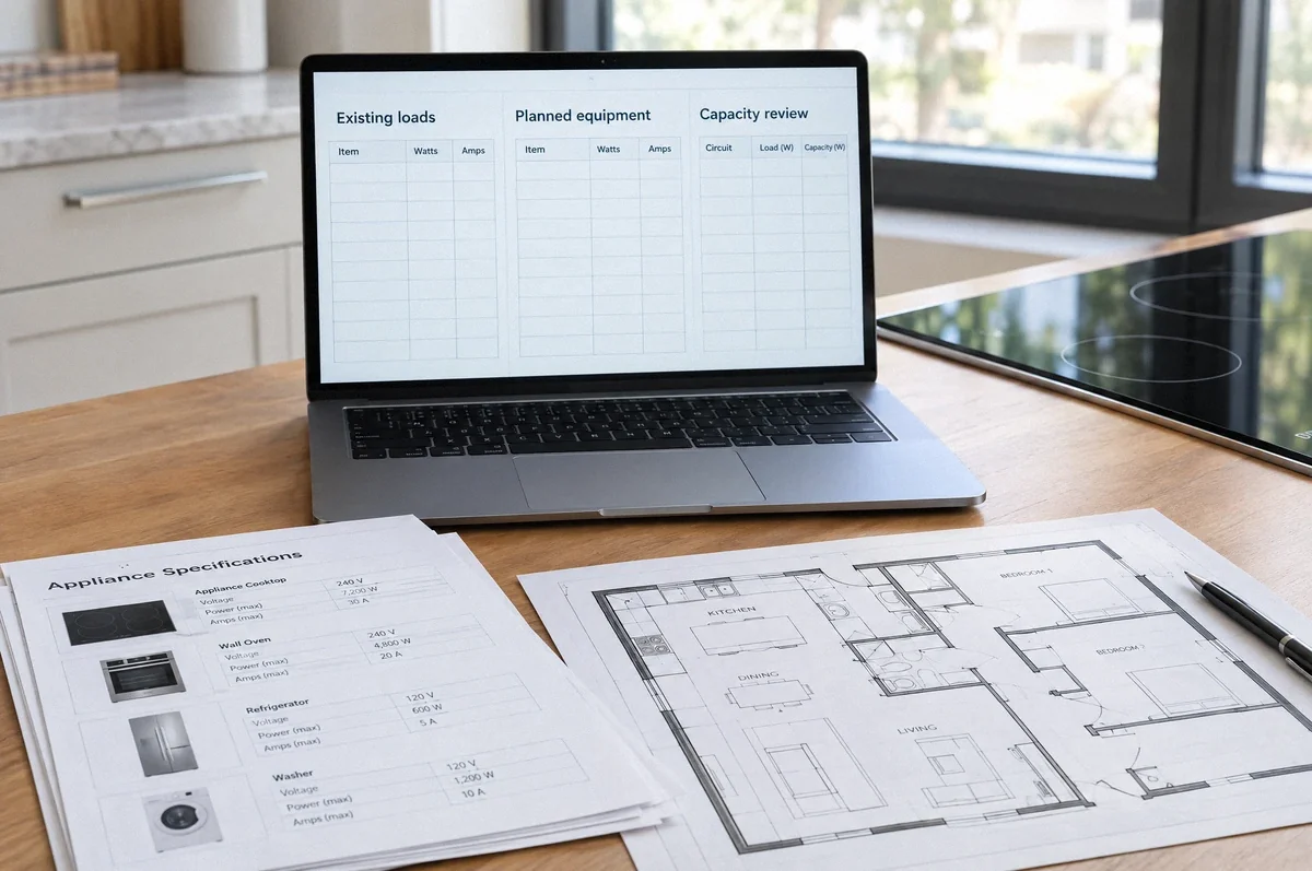 Illustration of house plans, equipment information, and a worksheet for an electrical load calculation.