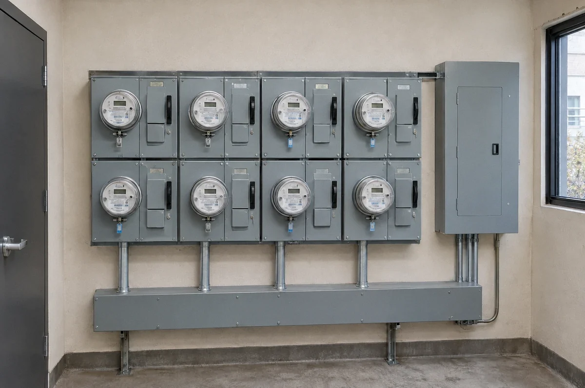 Illustration of a bank of meters and electrical distribution equipment at a multifamily property.