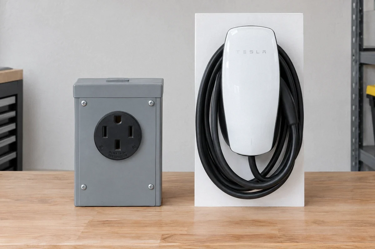 Illustration of a NEMA 14-50 receptacle and a hardwired Tesla Wall Connector displayed for comparison.