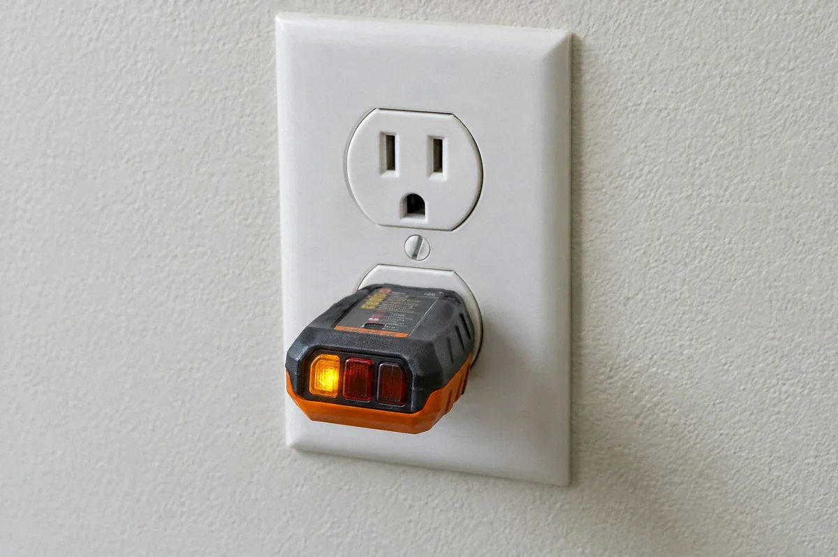 Illustration of a plug-in receptacle tester illustrating an open-ground indication.