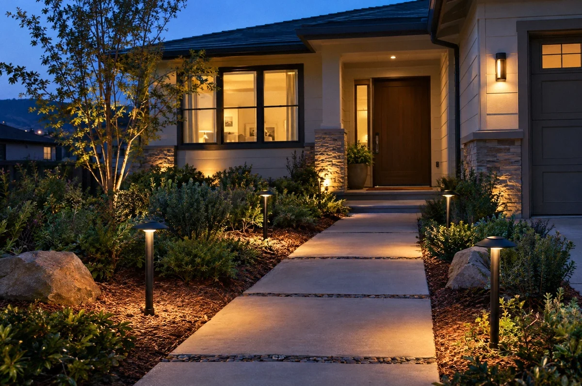 Illustration of low-voltage path lighting and controlled landscape lighting outside a home.