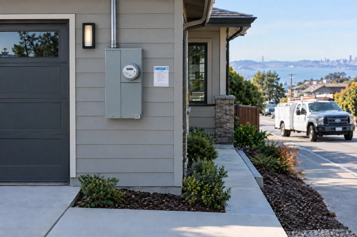 Illustration of residential meter equipment with a posted document and a utility truck in the background.