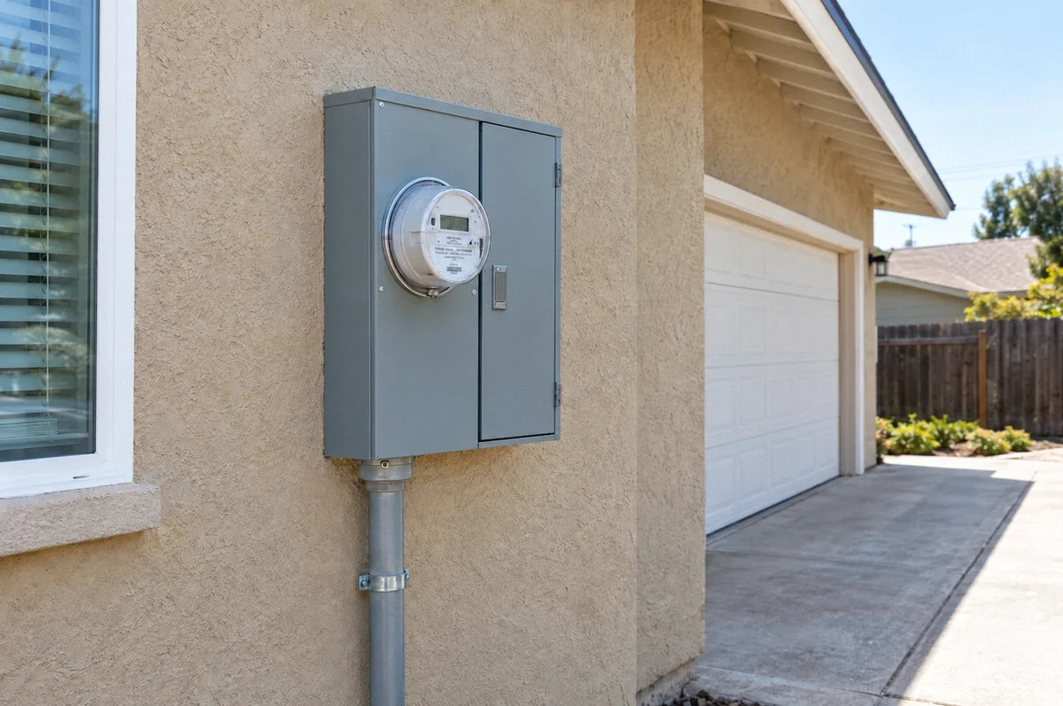Illustration of a residential electrical panel beside an electric meter on a stucco wall.