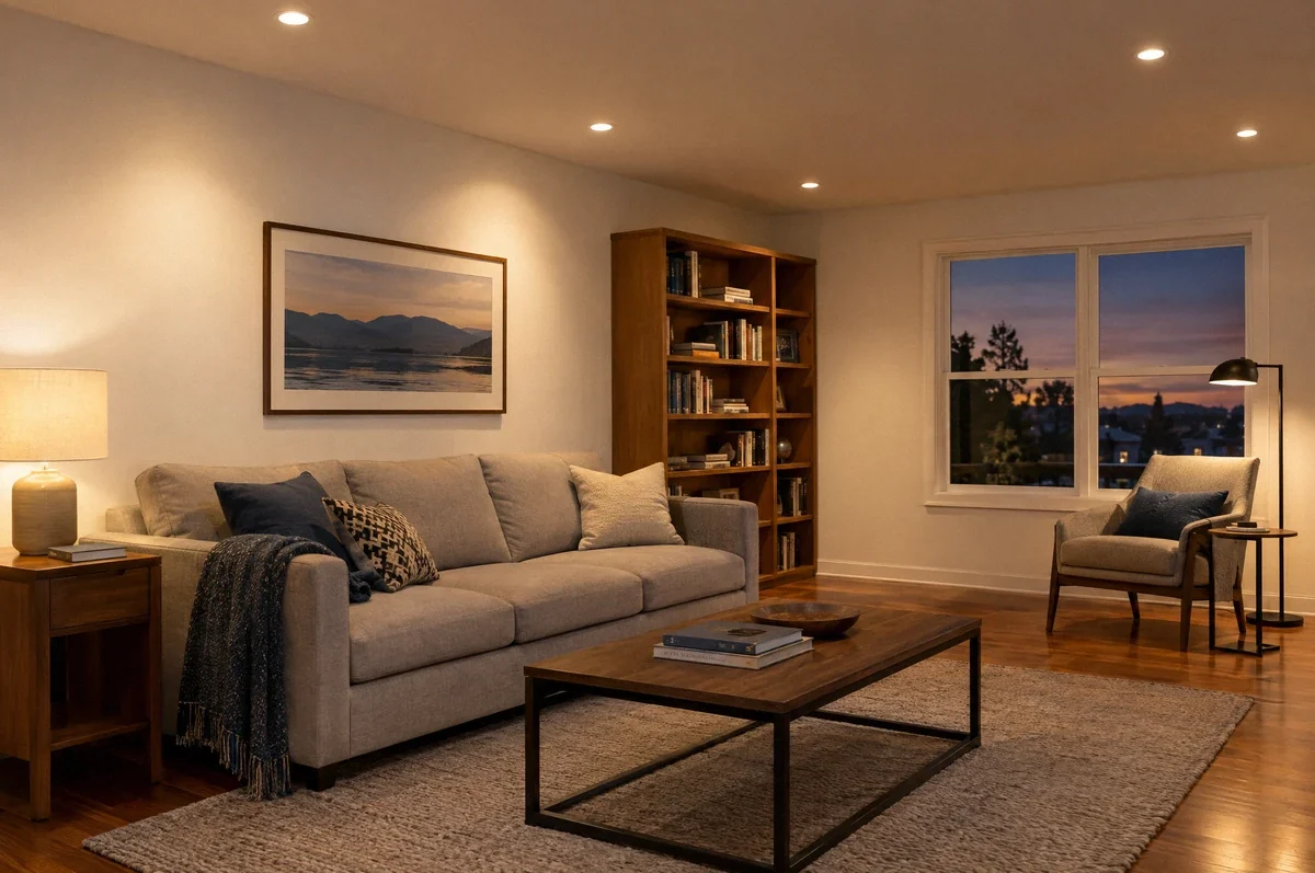 Illustration of recessed ceiling lighting arranged around the uses of a living room.