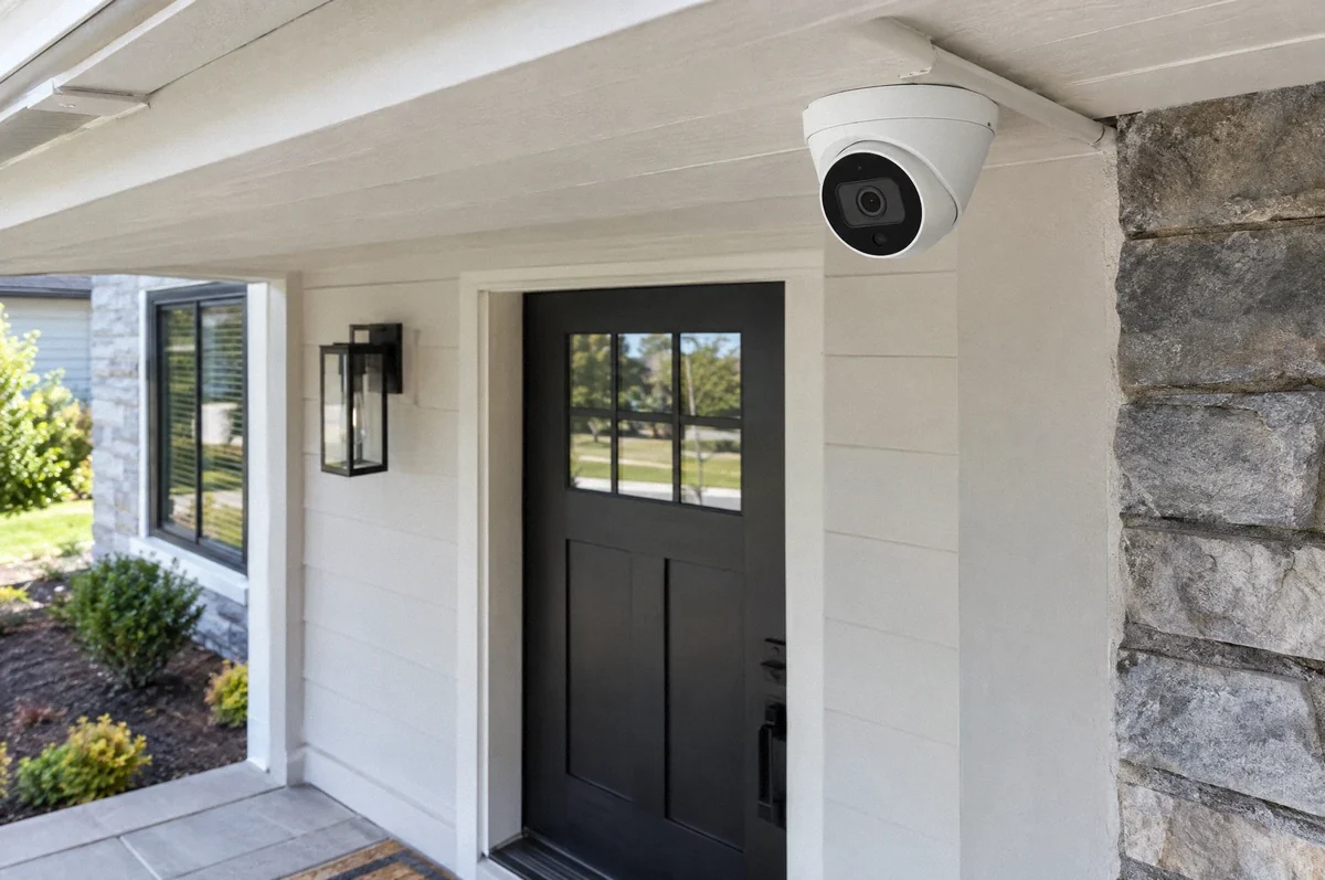 Illustration of an exterior security camera beneath the eave of a home.