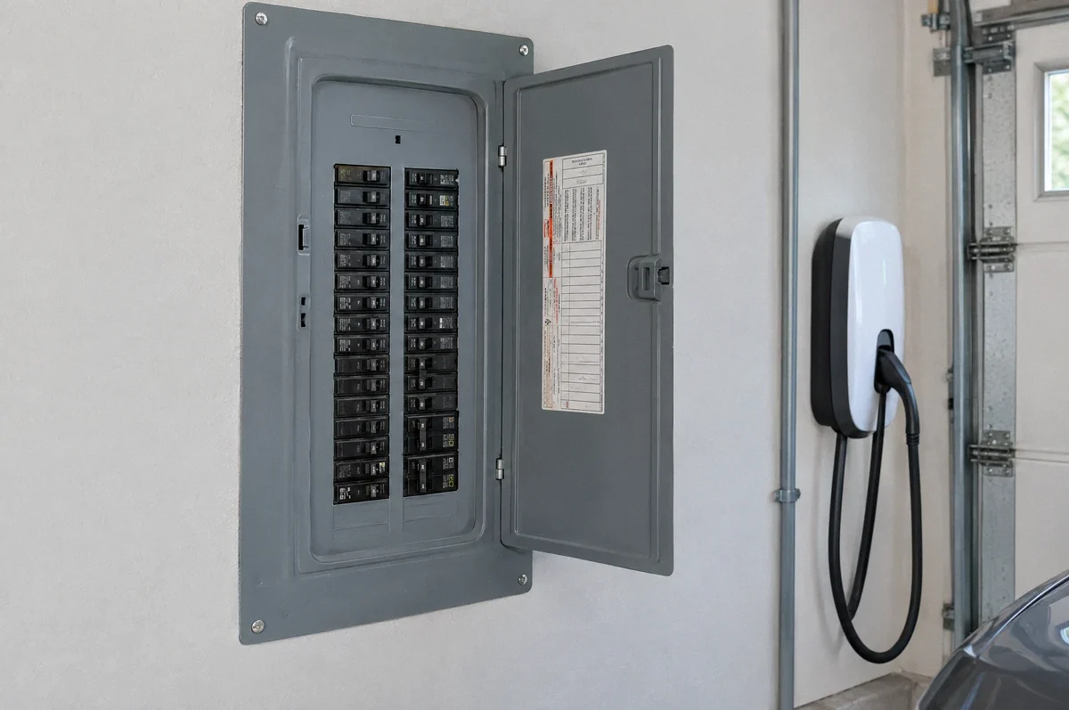 Illustration of a residential electrical panel with its door open and an EV charger nearby.