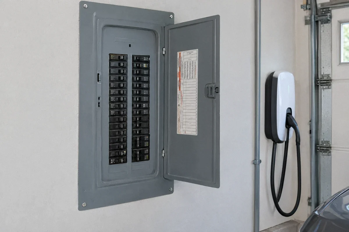 Illustration of a residential electrical panel with its door open and an EV charger nearby.