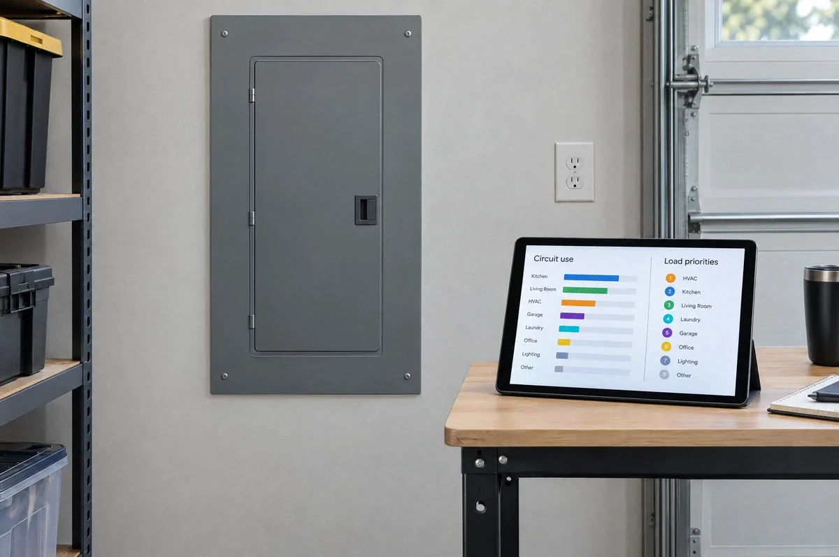 Illustration of a residential electrical panel beside a tablet showing household electricity use.