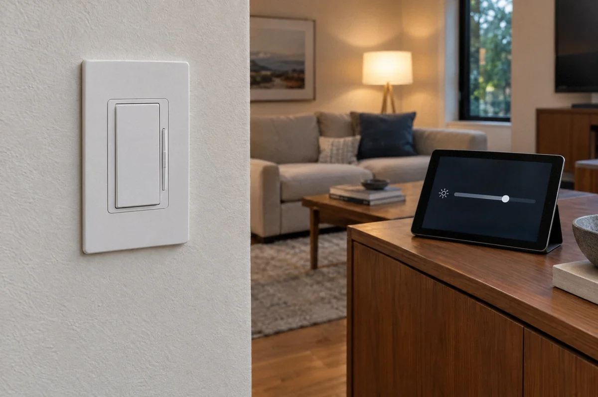 Illustration of a white smart dimmer with a narrow side slider in a furnished room.