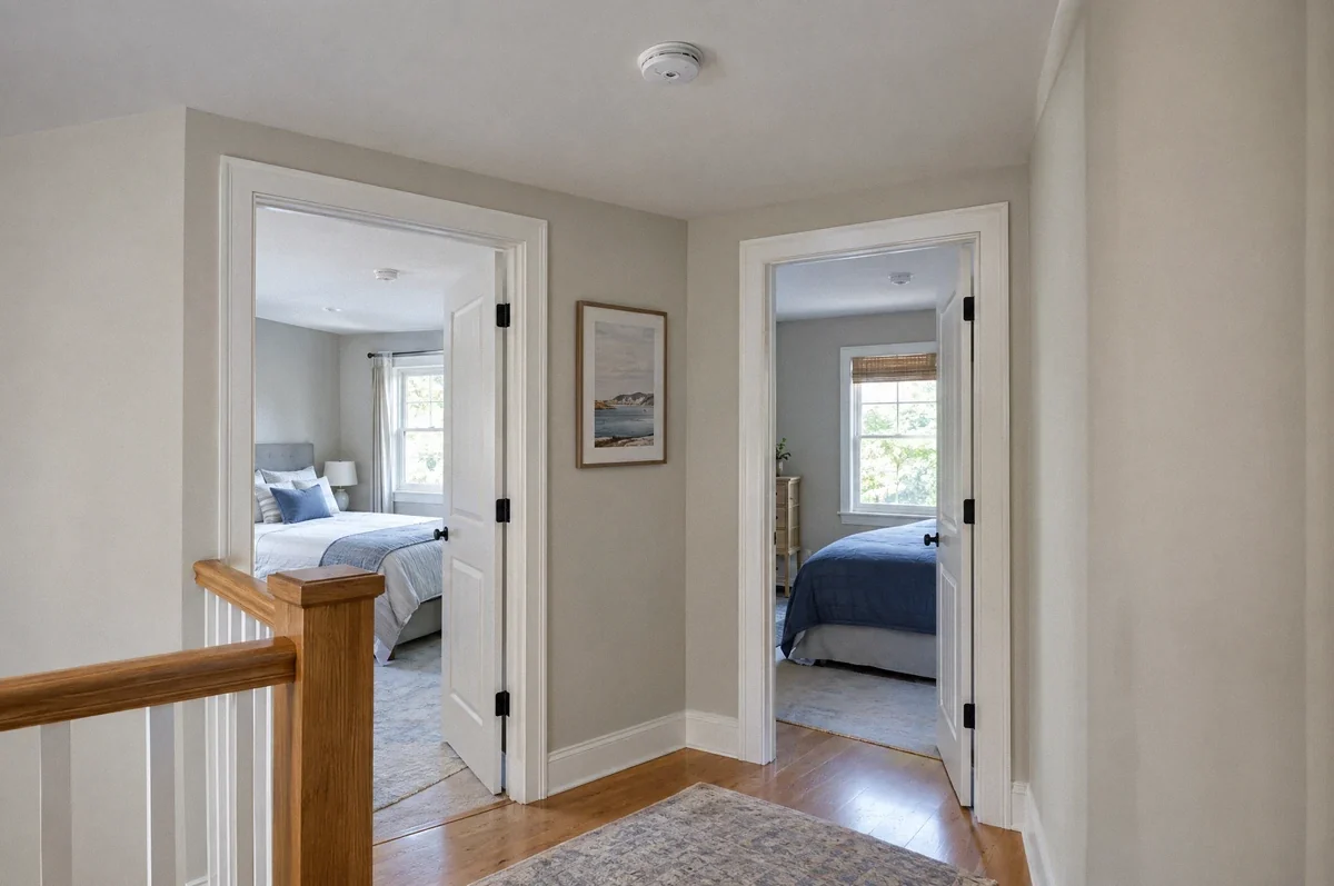 Illustration of a hallway with a ceiling alarm and a wall-mounted alarm near bedroom entrances.