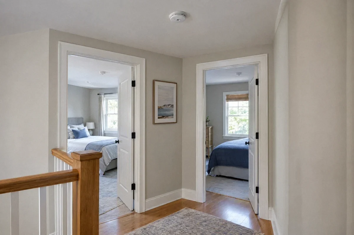 Illustration of a hallway with a ceiling alarm and a wall-mounted alarm near bedroom entrances.