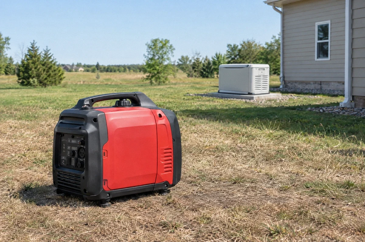 Illustration of a portable generator and a permanently installed standby generator outdoors.